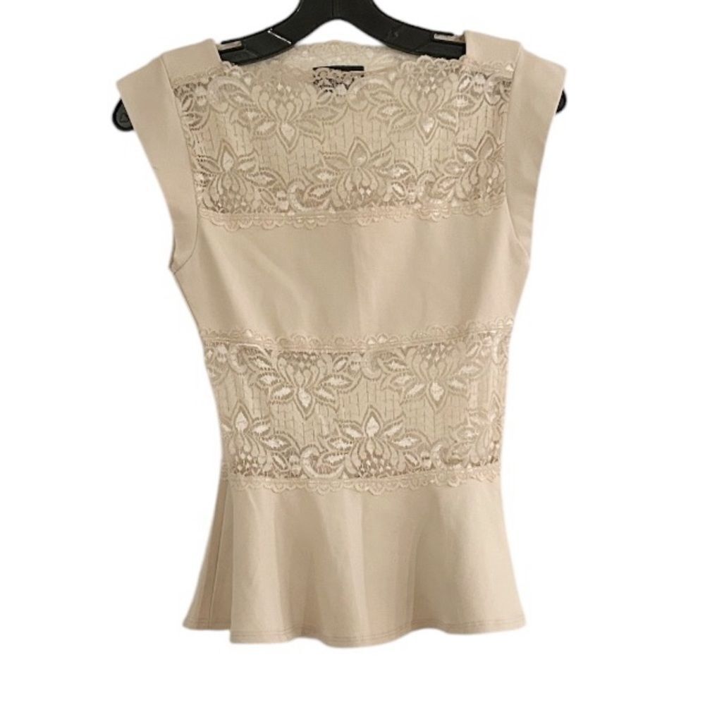 BEBE Cream Lace Panel Peplum Top Size XS